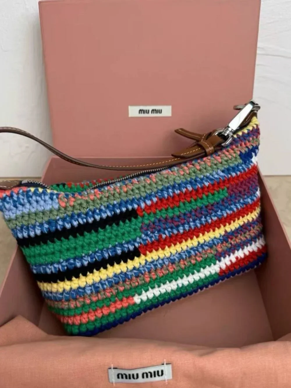 Miu Miu Rainbow Striped Knit Raffia Shoulder Bag